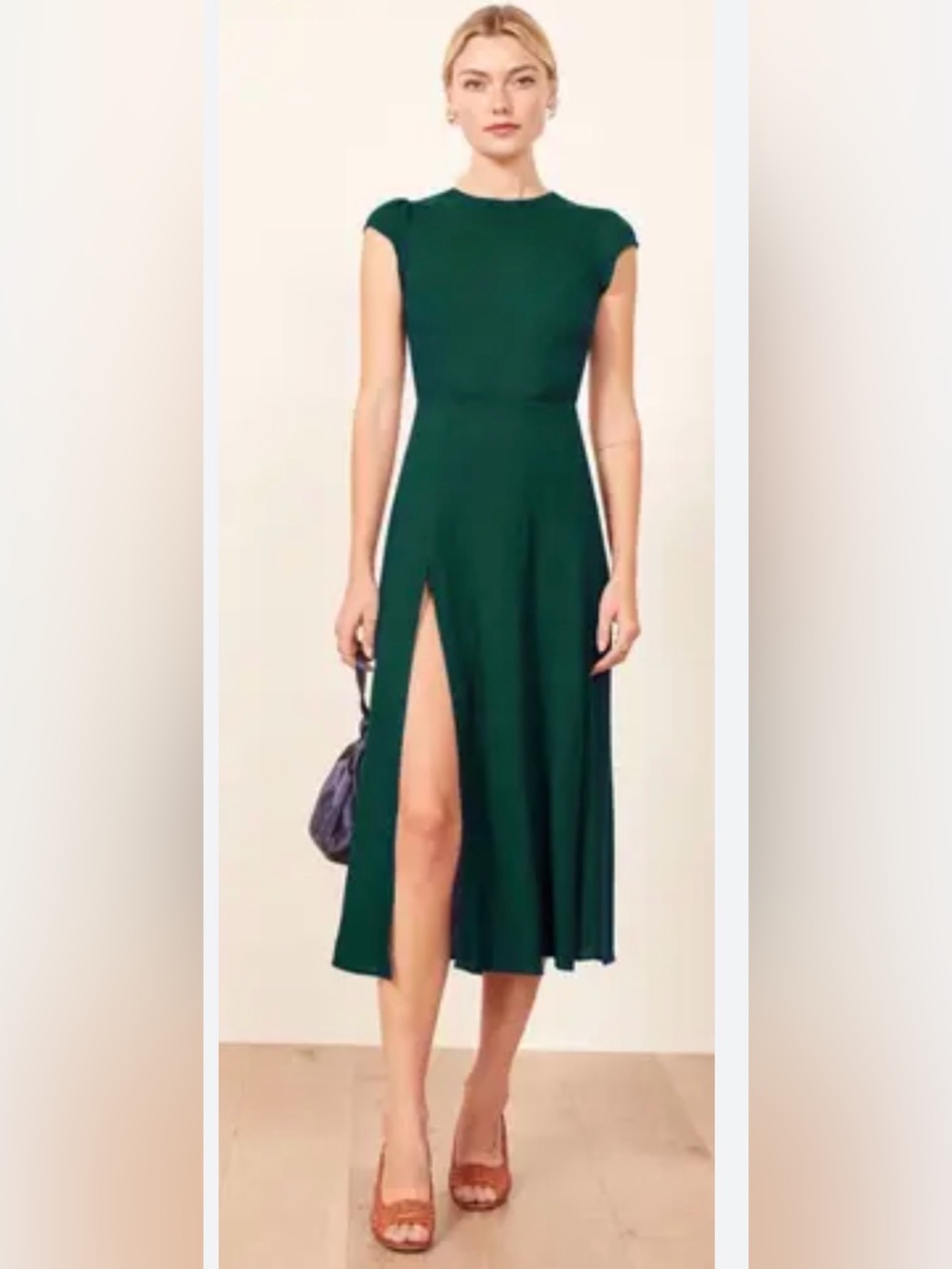 Reformation Forest Green Cap-Sleeve Midi Dress with Side Slit